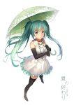  1girl absurdres black_gloves black_legwear breasts dress elbow_gloves floating_hair frilled_dress frills full_body gloves green_eyes green_hair green_umbrella hatsune_miku highres holding holding_umbrella jewelry long_hair looking_at_viewer medium_breasts necklace short_dress simple_background sleeveless sleeveless_dress solo standing thighhighs twintails umbrella very_long_hair vocaloid white_background white_dress yeluno_meng 
