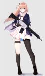  1girl ar-15 asymmetrical_gloves asymmetrical_legwear bangs black_bow black_gloves black_legwear blue_eyes blue_jacket bow brown_hair dress eyebrows_visible_through_hair fingerless_gloves floating_hair full_body girls_frontline gloves grey_background gun hair_bow highres holding holding_gun holding_weapon hyakunin_momoko index_finger_raised jacket kneehighs long_hair one_side_up open_clothes open_jacket pleated_dress rifle shiny shiny_hair short_dress simple_background single_kneehigh single_pantyhose solo st_ar-15_(girls_frontline) standing thigh_strap very_long_hair weapon white_dress 