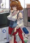  animal_ears breasts brown_hair cat_ears cigarette cleavage cometch corset detached_sleeves gun large_breasts original pliers red_eyes screwdriver short_hair sideboob skull_and_crossbones solo thought_bubble toolbox weapon wire 