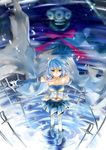  armband armor belt blue_eyes blue_hair cape collarbone different_reflection dual_wielding gloves holding magical_girl mahou_shoujo_madoka_magica midriff miki_sayaka multiple_swords oktavia_von_seckendorff reflection ripples solo soul_gem spoilers sword tg thighhighs water weapon witch_(madoka_magica) zettai_ryouiki 