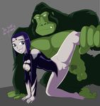  balls beast_boy bestiality blue_clothing blue_eyes blue_hair bottomless breasts duo english_text female feral fur gorilla green_fur hair henry_(artist) human human_on_anthro interspecies male mammal penis plain_background primate pussy raven_(teen_titans) smile spread_legs spreading straight sweat teen_titans text urethra white_eyes 
