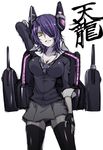  breasts eyepatch fingerless_gloves gloves headgear idora_(idola) kantai_collection large_breasts necktie purple_hair school_uniform sharp_teeth short_hair skirt solo teeth tenryuu_(kantai_collection) thighhighs yellow_eyes 