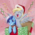  blue_eyes colgate_(mlp) confetti derpy_hooves_(mlp) dstears equine eyes_closed female feral friendship_is_magic fur gift grey_fur hair hat horn horse long_hair looking_at_viewer mammal my_little_pony open_mouth pegasus pony scarf smile tongue two_tone_hair unicorn wings 