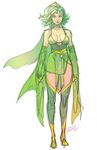  boots breasts cape commentary detached_sleeves english_commentary final_fantasy final_fantasy_iv full_body green green_eyes green_footwear green_hair green_legwear green_lipstick hair_ornament lipstick makeup medium_breasts robert_porter rydia sash short_hair signature sketch solo thighhighs white_background 