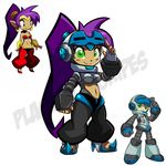  1girl baggy_pants beck_(mighty_no._9) breasts dark_skin green_eyes harem_pants helmet kickstarter long_hair mighty_no._9 navel navel_cutout pants plague_of_gripes pointy_ears pointy_shoes ponytail purple_hair salute shantae:_half-genie_hero shantae_(character) shantae_(series) shoes small_breasts very_long_hair watermark 