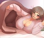  1girl agawa_ryou blanket breasts brown_eyes brown_hair cleavage gigantic_breasts glasses heart hips lying open_mouth shiny shirt smile solo sweatdrop tamanegiya teeth thick_thighs thighs tongue wide_hips 