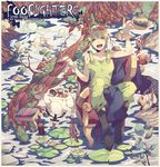  fish_bone foo_fighters green_eyes green_hair jojo_no_kimyou_na_bouken overalls short_hair soda solo teapot water wenny02 