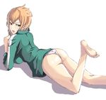  1girl ass bad_id bad_pixiv_id barefoot brown_eyes brown_hair feet hokenshitsu_no_shinigami jacket looking_back lying no_pants on_stomach open_mouth panties saizaki_minori solo sweatdrop track_jacket underwear 