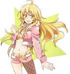  ahoge asymmetrical_clothes bad_id bad_pixiv_id belt blonde_hair blush bra cropped_jacket fishnets green_eyes hoshii_miki idolmaster idolmaster_(classic) jacket long_hair midriff navel open_clothes open_jacket open_mouth pantyhose pink_diamond_765 popoin short_shorts shorts smile solo underwear 