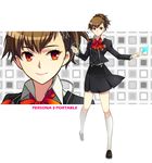  bad_id bad_pixiv_id brown_hair card digital_media_player female_protagonist_(persona_3) hair_ornament hairclip headphones persona persona_3 persona_3_portable red_eyes ron_(lovechro) school_uniform short_hair skirt smile solo white_background zoom_layer 
