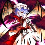  alternate_costume arm_warmers bad_id bad_pixiv_id bat_wings blue_hair brooch cloud dual_wielding flower hat hat_flower highres holding jewelry koumajou_densetsu light_smile looking_at_viewer mob_cap multiple_wings puffy_short_sleeves puffy_sleeves purple_sky red_eyes remilia_scarlet sash short_hair short_sleeves skirt slit_pupils solo spear_the_gungnir storia0628 touhou transparent_wings vest wings 