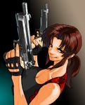  beretta_92 black_lagoon breasts brown_eyes brown_hair cleavage dual_wielding fingerless_gloves gloves grin gun handgun holding holster large_breasts lips long_hair parted_lips pistol ponytail revy_(black_lagoon) shoulder_holster smile smirk solo taut_clothes weapon youken 