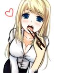  blonde_hair blue_eyes blush breasts chloe_lemaire cleavage feeding food gayprince girlfriend_(kari) heart large_breasts long_hair looking_at_viewer open_mouth pov pov_feeding simple_background solo_focus sushi white_background 
