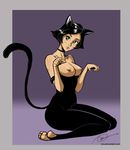  animal_ears black_hair bodysuit border breasts breasts_outside cat_ears cat_tail choker green_eyes head_tilt izra large_breasts nipples original paw_pose short_hair sitting soles tail toeless_legwear topless wariza 