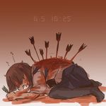  arrow arrow_in_body blood blood_on_face blood_stain bloody_clothes brown_hair dying injury kaga_(kantai_collection) kantai_collection lowres open_mouth rebecca_(keinelove) short_hair side_ponytail solo struggling 