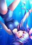  324cm blue_hair breasts bubble fang hair_ornament hair_ribbon highres i-19_(kantai_collection) kantai_collection large_breasts long_hair one-piece_swimsuit open_mouth red_eyes ribbon school_swimsuit smile solo star star-shaped_pupils swimsuit symbol-shaped_pupils twintails underwater 