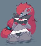  blush breast_grab breasts canine female grey_background mammal mini_skirt nintendo panties panty_shot plain_background pok&#233;mon pok&eacute;mon skirt slugbox solo team_rocket underwear uniform upskirt video_games wide_hips zoroark 