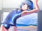  beach blue_eyes blue_hair cloud day game_cg highres hiiro_yuki interior one-piece_swimsuit sand school_swimsuit sena_shiori shiny shiny_clothes short_hair sky solo standing swimsuit tree water wet wet_clothes wet_swimsuit yuuguu_settai 