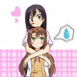  ahoge asahigaoka_school_uniform black_hair blush brown_eyes brown_hair green_eyes heart highres hug hug_from_behind ichijou_hotaru koshigaya_komari long_hair multiple_girls non_non_biyori school_uniform sweatdrop yek8221 yuri 