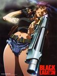  1girl armpit_holster black_lagoon brown_hair cigarette copyright_name denim denim_shorts gun highres holster navel official_art revy revy_(black_lagoon) scan shino_masanori short_shorts shorts standing tank_top tattoo weapon yellow_eyes 