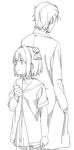  1girl akaza_akari back-to-back clenched_hand crossover greyscale monochrome nanamori_school_uniform okabe_rintarou school_uniform serafuku size_difference steins;gate tatsuki3594 trait_connection yuru_yuri 