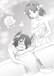  bath covering covering_breasts eyepatch greyscale headgear kantai_collection kirishima_(kantai_collection) monochrome multiple_girls no_eyewear nude nude_cover open_mouth rubber_duck short_hair steam steed_(steed_enterprise) tenryuu_(kantai_collection) towel translation_request 