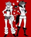  animal_ears bad_id bad_pixiv_id bandeau belt bikini_top boots collar eyepatch fur_trim glasses halloween hand_on_hip high_heels makinami_mari_illustrious midriff monochrome multiple_girls navel neon_genesis_evangelion paw_print rebuild_of_evangelion red_background ro-a sachiel shikinami_asuka_langley shorts souryuu_asuka_langley spot_color tail 