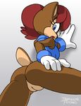  anthro anus blue_eyes bottomless brown_fur butt chipmunk clothing female fur gloves hair irregular_fetishes looking_at_viewer mammal open_mouth presenting pussy red_hair rodent sally_acorn sega solo sonic_(series) vest 