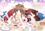  arm_support bare_shoulders breast_rest breasts brown_hair cake character_name copyright_name cup detached_sleeves food hair_ornament hairband headgear japanese_clothes kantai_collection kongou_(kantai_collection) large_breasts long_hair lying on_stomach ribbon-trimmed_sleeves ribbon_trim sandwich scone skirt solo tamiya_akito tea teacup thighhighs 