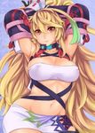 afurichin armpits arms_up bandeau black_gloves blonde_hair breasts collarbone covered_nipples gloves gradient_hair green_hair highres large_breasts long_hair looking_at_viewer midriff milla_maxwell multicolored_hair navel red_eyes skindentation skirt solo strapless streaked_hair tales_of_(series) tales_of_xillia taut_clothes vambraces very_long_hair wavy_hair 