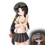  black_hair blush body_blush breast_envy breasts brown_eyes brown_hair hadanugi_dousa hair_ribbon jitome kantai_collection large_breasts long_hair miniskirt multiple_girls navel off_shoulder pleated_skirt ribbon riku_(rikkuru) ryuujou_(kantai_collection) shouhou_(kantai_collection) skindentation skirt smile striped_bikini_top twintails visor_cap 