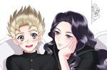  1girl black_eyes black_hair blonde_hair blush gakuran haze00 hetero higashikata_jousuke hirose_kouichi jojo_no_kimyou_na_bouken long_hair nijimura_okuyasu school_uniform yamagishi_yukako 