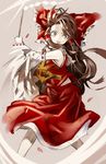  ascot banned_artist bow brown_eyes brown_hair detached_sleeves gohei hair_bow hair_tubes hakurei_reimu kozou_(soumuden) long_hair long_sleeves open_mouth petals shirt skirt skirt_set smile solo touhou very_long_hair wide_sleeves 