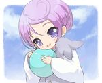  ball cloud cure_sword dokidoki!_precure dress happy kenzaki_makoto looking_at_viewer lowres magical_girl open_mouth peacemaker777 precure purple_dress purple_eyes purple_hair short_hair sky smile solo younger 