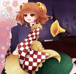  apron arano_oki bell checkered hair_bell hair_ornament holding japanese_clothes motoori_kosuzu phonograph red_eyes red_hair solo touhou two_side_up 