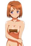 absurdres blush breast_squeeze breasts brown_hair cleavage highres my-hime nude purple_eyes senga81 short_hair solo tape tokiha_mai transparent_background 