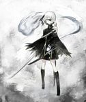  alternate_costume alternate_hairstyle banned_artist bob_cut boots cape eyepatch katana knee_boots konpaku_youmu konpaku_youmu_(ghost) kozou_(soumuden) monochrome short_hair solo sword touhou weapon yin_yang 