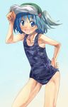  bare_shoulders blue_eyes blue_hair blue_swimsuit flat_chest hair_bobbles hair_ornament hand_on_hip hat kawashiro_nitori looking_at_viewer one-piece_swimsuit open_mouth school_swimsuit smile solo swimsuit touhou two_side_up wet wet_clothes yohane 