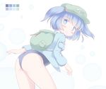  ass back backpack bag blue_eyes blue_hair blush breasts competition_school_swimsuit flat_ass hair_bobbles hair_ornament hat kawashiro_nitori keshimura_saki looking_back medium_breasts one-piece_swimsuit school_swimsuit short_hair smile solo swimsuit swimsuit_under_clothes touhou two_side_up 