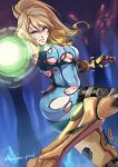  1girl absurdres aiming aiming_at_viewer aqua_eyes arm_cannon armor armored_boots ass blonde_hair blood blood_from_mouth blue_bodysuit bodysuit boots breasts broken_armor caiman-pool cave charging clenched_teeth covered_navel gauntlets glowing half-closed_eye hands_up high_ponytail highres hips impossible_bodysuit impossible_clothes injury knee_up long_hair looking_at_viewer medium_breasts metroid nintendo outstretched_arm parted_lips ponytail samus_aran shoulder_pads skin_tight skindentation solo teeth torn_bodysuit torn_clothes twisted_torso underboob varia_suit weapon zero_suit 