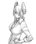  breasts eyepatch greyscale hair_over_one_eye hand_on_hip kantai_collection large_breasts magaki_ryouta monochrome simple_background sketch solo tenryuu_(kantai_collection) white_background 