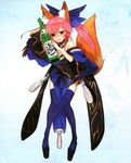  absurdres alcohol animal_ears blue_legwear bottle bow breasts cleavage clog_sandals drunk fate/extra fate/extra_ccc fate_(series) fox_ears fox_tail hair_bow highres japanese_clothes kimono legs medium_breasts orange_eyes pink_hair ponytail sake sake_bottle scan tail tamamo_(fate)_(all) tamamo_no_mae_(fate) thighhighs wada_aruko 