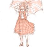  blush hand_on_own_head highres kazami_yuuka kuro_suto_sukii long_sleeves looking_at_viewer open_clothes open_mouth open_vest parasol shirt simple_background sketch skirt smile solo touhou umbrella vest white_background 