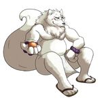  4_toes anthro beads biceps big_muscles canine chubby claws digitigrade fluffy_tail fox fur gingitsune gintaro loincloth male mammal muscles orange_(fruit) pecs plain_background pose sandals sitting solo thegreatmatsutzu white_fur 