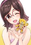  ;d bad_id bad_pixiv_id bare_shoulders beargguy_iii blush brown_eyes brown_hair camisole glasses gundam gundam_build_fighters gunpla hairband kousaka_china matsuryuu one_eye_closed open_mouth over-rim_eyewear red-framed_eyewear semi-rimless_eyewear short_hair smile solo 