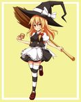  adapted_costume apron bad_id bad_pixiv_id bow braid broom frame grin haniwagi_(hal) hat hat_bow kirisame_marisa looking_at_viewer mini-hakkero puffy_sleeves shirt short_sleeves single_braid skirt smile socks solo striped striped_legwear thighhighs touhou vest waist_apron white_bow witch_hat yellow_eyes zettai_ryouiki 