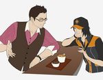  1girl assassin's_creed_(series) assassin's_creed_iv:_black_flag barista black_hair blue_eyes brown_hair coffee gb_(doubleleaf) glasses hat latte_art rebecca_crane shaun_hastings smile watch wristwatch 