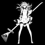  black_background dress greyscale highres long_hair looking_at_viewer miwa_shirou monochrome original sign signpost solo standing wind 