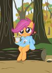 absurd_res blush clothing cub cup equine female feral forest friendship_is_magic fur hair hi_res hoodie horse lockerobster log long_hair mammal medio-cre my_little_pony orange_fur outside pegasus pony purple_eyes purple_hair scootaloo_(mlp) sitting smile solo tree wings wood young 