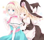  :o alice_margatroid apron arm_up bad_id bad_pixiv_id blonde_hair blue_eyes capelet dress hand_on_another's_back hat hat_ribbon headband kirisame_marisa long_hair looking_at_viewer multiple_girls one_eye_closed puffy_short_sleeves puffy_sleeves ribbon sash short_hair short_sleeves simple_background skirt skirt_set star touhou waist_apron white_background witch_hat yatomi yellow_eyes 